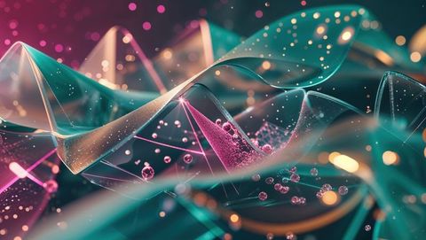 Abstract digital landscape with translucent waves and glowing spheres