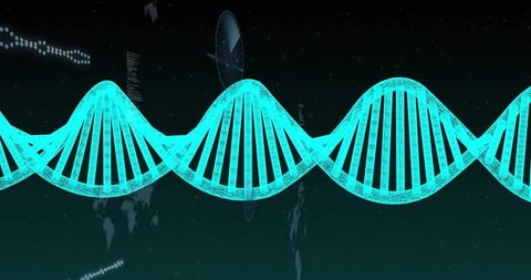 Neon cyan dna double helix hologram showing futuristic genetic data and technology