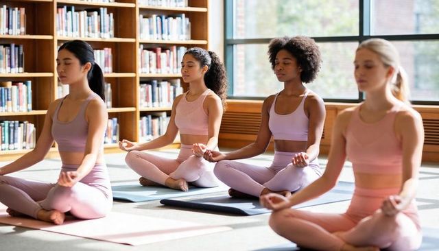 Meditating women in sunlit library study lounge wearing pastel activewear