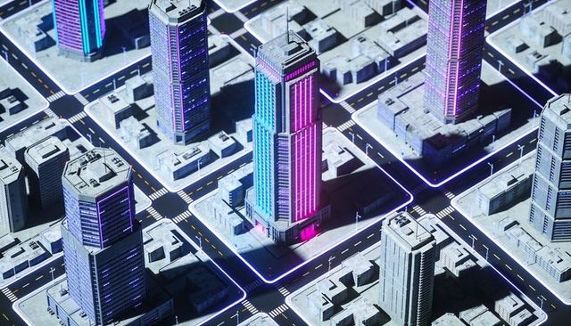 Neon-lit skyscraper rising above futuristic city grid with neon-lined curbs, cyberpunk glow