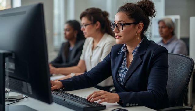 Businesswoman typing on computer in modern office with teamwork environment