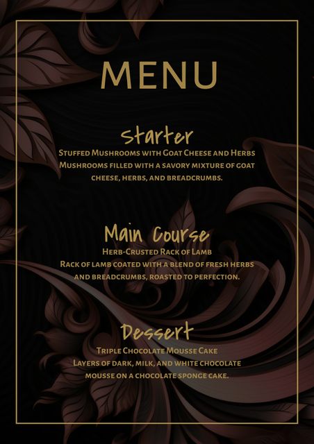 This elegant dark floral menu design features gourmet dishes, making it perfect for upscale restaurants, special events, and fine dining establishments. The stylish and sophisticated layout with tempting food descriptions is ideal for wedding receptions, anniversary dinners, and culinary events, providing a luxurious and enticing dining experience.