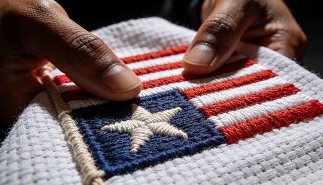 Holding embroidered american flag patch on aida fabric, showing hand stitching closeup