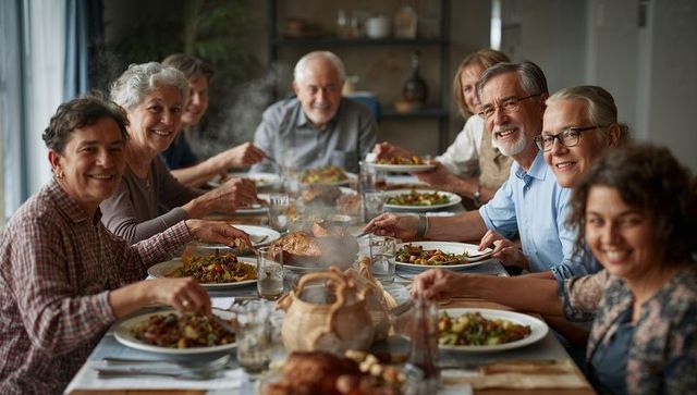 Mature friends sharing warm festive dinner around long table, passing roast turkey