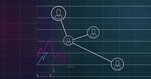 Connecting Network Avatars on Financial Line Chart with Teal Purple Gradient Grid