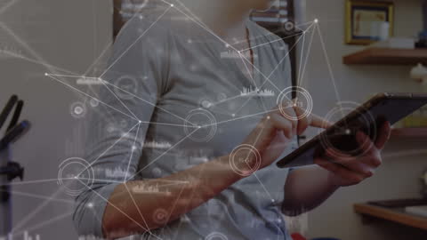 Doctor Analyzing Medical Data on Tablet with Digital Network Overlay