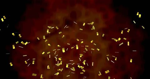 Gold confetti falling on fiery background, celebration party concept