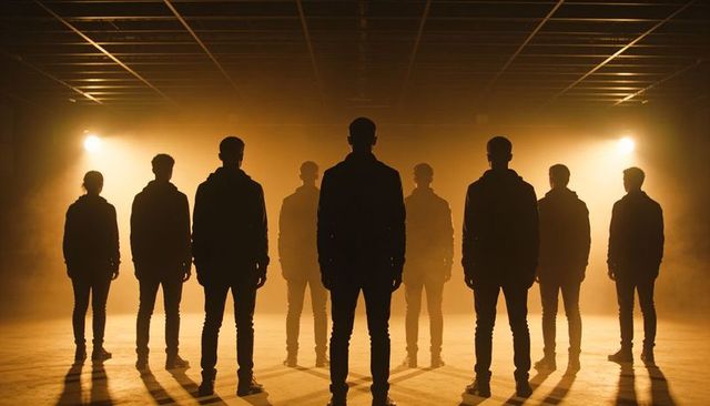 Nine silhouetted figures standing in backlit amber haze industrial formation urban hoodies