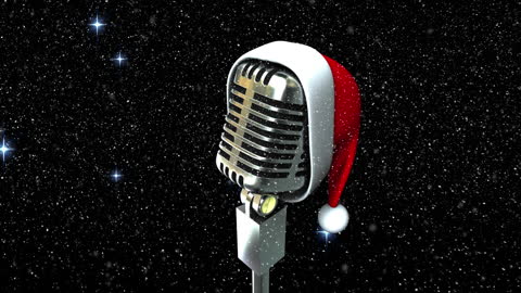 Retro Microphone with Santa Hat Amidst Falling Snow
