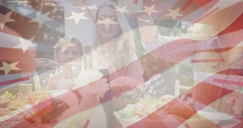 Patriotic Family Gathering with American Flag Overlay