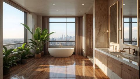 Luxury penthouse bathroom showing freestanding oval tub, marble vanity and city skyline
