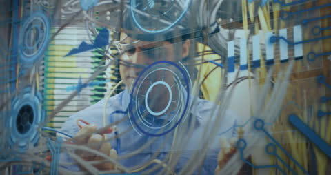 Engineer Connecting Wires with Digital Overlay of Data Processing