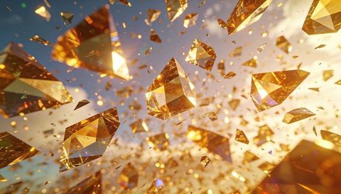 Glistening golden faceted crystals floating through warm sunlit sky with shattered shards