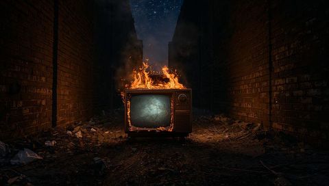 Burning vintage television in dark alley evoking urban decay and chaos