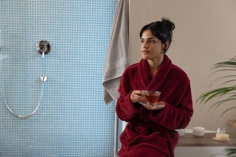 Relaxing in Luxury Home Spa with Tea in Bathroom