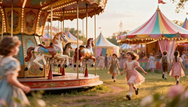 Children running toward carousel at golden hour in vintage carnival meadow