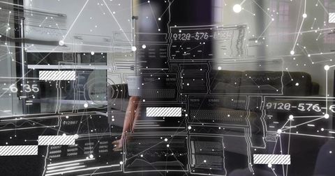 Businesswoman leaning on sofa with digital network overlay in modern office teamwork
