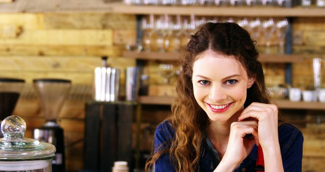 Smiling Woman in Coffee Shop with Rustic Interior - Download Free Stock Images Pikwizard.com