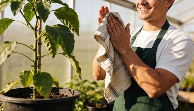 Smiling gardener wiping hands with striped towel in sunlit greenhouse next to potted plant