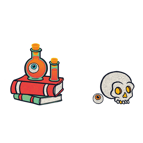 Vintage alchemy props on transparent background with books and skull