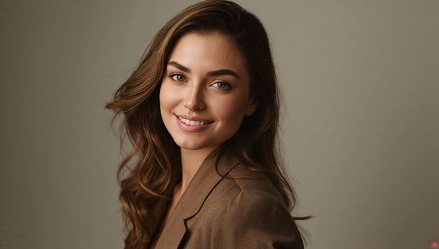 Confident professional woman in brown blazer smiling studio headshot for corporate and personal bran