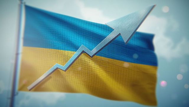 Ukrainian flag with rising graph arrow symbolizing growth