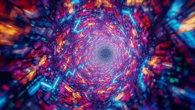 Swirling neon data vortex pulling gaze toward central hex mesh in futuristic tunnel