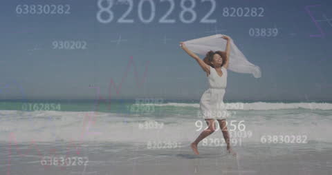 Joyful Dance at Beach Overlayed with Digital Numbers