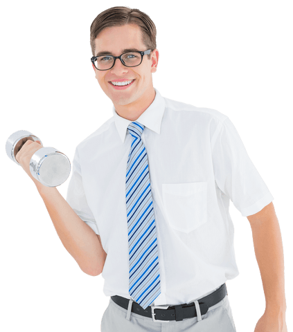 Businessman smiling lifting dumbbell transparent background