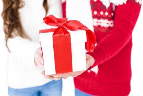 couple presenting transparent festive christmas gift box in holiday attire - Download Free Stock Videos Pikwizard.com