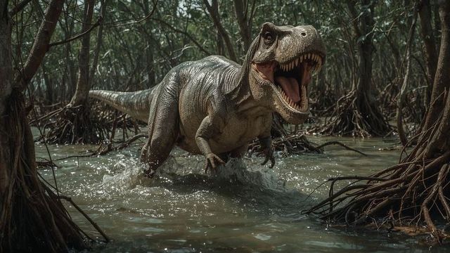 T. Rex charging through mangrove swamp