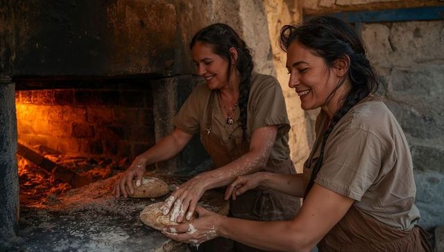 Two bakers shaping rustic wood-fired loaves at floured stone counter, smiling