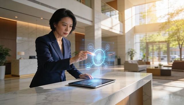 Executive woman interacting with holographic tablet interface in modern marble office lobby