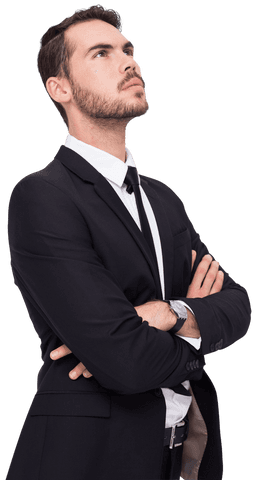 Transparent confident businessman in suit standing with arms crossed