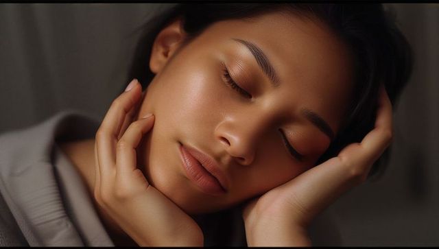 Serene woman resting, cradling face with hands, soft-light closeup beauty portrait