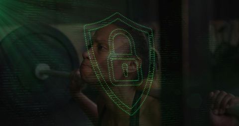 Woman weightlifting with holographic shield lock overlay representing security and strength