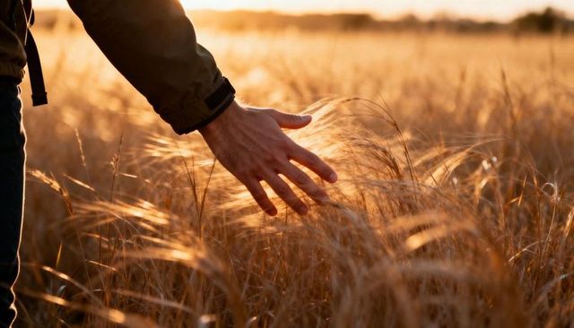 Hand brushing through tall golden grasses at sunset backlit warm glow