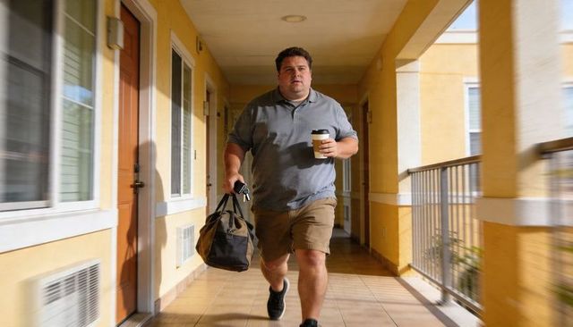 Man walking briskly down hotel balcony corridor carrying duffel bag coffee cup and keys