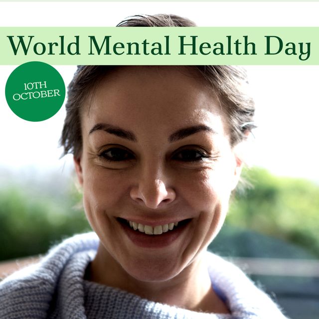 Smiling Caucasian woman promoting World Mental Health Day, celebrated on October 10. Ideal for mental health awareness campaigns, social media posts, wellness blogs, and healthcare promotions. Emphasizes importance of emotional well-being and advocating for mental health support.