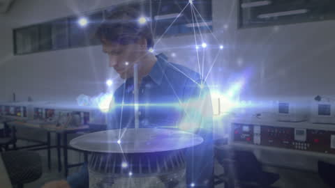 Engineer in Airline Technology Lab with Digital Network Overlay