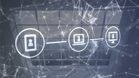 Digital Network and Communication Icons in Abstract Office Scene