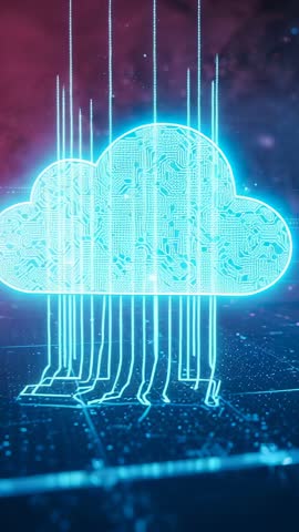 Neon Cloud Data Stream Connecting to Circuit Grid Vertical Futuristic Tech Animation