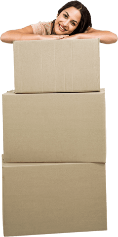 Happy woman leaning on tall stack of cardboard boxes transparent