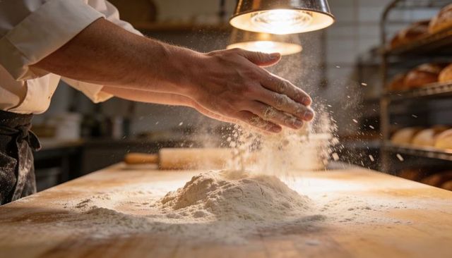 Artisan baker dusting hands with flour over wooden bench under warm pendant light