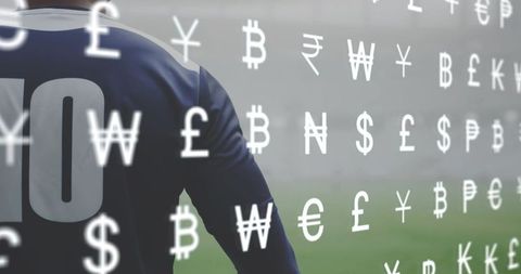 Number 10 soccer player on pitch with currency symbols illustrating football finance