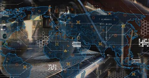 Industrial global network overlay visualizing data flow across machinery and piping