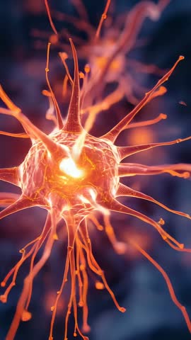 Pulsing neuron cell transmitting electrical signal along dendrites in neon microscopic vertical vide
