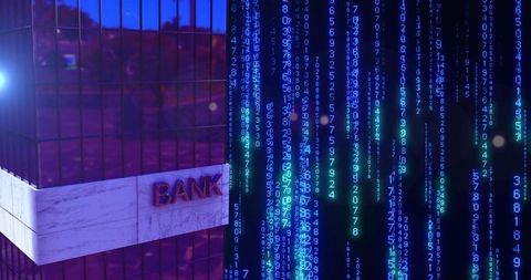 Bank cybersecurity concept with cascading neon code over glass skyscraper, marble signage