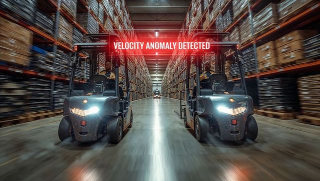 High-speed forklift operation with velocity anomaly alert in warehouse aisle