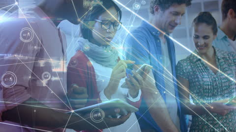 Digital Connections Overlay Diverse Coworkers In Office